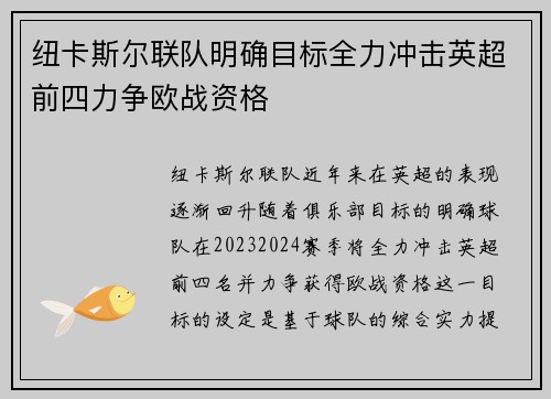 纽卡斯尔联队明确目标全力冲击英超前四力争欧战资格 纽卡斯尔联队明确目标全力冲击英超前四力争欧战资格