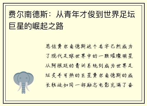 费尔南德斯：从青年才俊到世界足坛巨星的崛起之路
