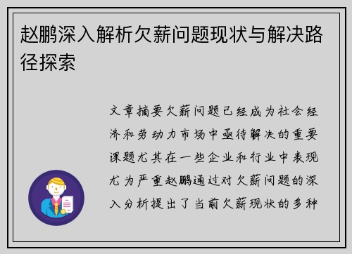 赵鹏深入解析欠薪问题现状与解决路径探索